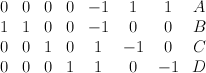 \begin{array}{cccccccc} 0 & 0 & 0 & 0 & -1 & 1 & 1 & A   \\ 1 & 1 & 0 &   0 & -1 & 0 & 0 & B \\ 0 & 0 & 1 & 0 & 1 & -1 & 0   & C \\ 0& 0 & 0 & 1 & 1 & 0 & -1 & D \end{array}