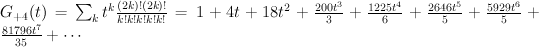 G_{+4}(t) = \sum_k t^{k} {(2k)!(2k)! \over k!k!k!k!k!} = 1+4 t+18 t^2+\frac{200 t^3}{3}+\frac{1225 t^4}{6}+\frac{2646 t^5}{5}+\frac{5929 t^6}{5}+\frac{81796 t^7}{35}+\cdots