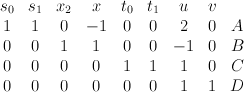 \begin{array}{ccccccccc} s_0 & s_1 & x_2 & x & t_0 & t_1 & u& v&\\ 1 & 1 & 0 & -1 & 0 & 0 & 2 & 0 & A \\ 0 & 0 & 1 & 1 & 0 & 0 & -1 & 0 & B\\ 0 & 0 & 0 & 0 & 1 & 1 & 1 & 0 & C \\ 0 & 0 & 0 & 0 & 0 & 0 & 1 & 1 & D\end{array}