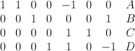 \begin{array}{cccccccc} 1 & 1 & 0 & 0 & -1 & 0 & 0 & A   \\ 0 & 0 & 1 &   0 & 0 & 0 & 1 & B \\ 0 & 0 & 0 & 0 & 1 & 1 & 0   & C \\ 0& 0 & 0 & 1 & 1 & 0 & -1 & D \end{array}