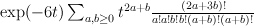 \exp(-6t)  \sum_{a,b\geq 0} t^{2a+b} {(2a+3b)! \over a!a!b!b!(a+b)!(a+b)!}