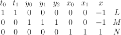 \begin{array}{ccccccccc} t_0 & t_1 & y_0 & y_1 & y_2 & x_0 & x_1 & x & \\ 1 & 1 & 0 & 0 & 0 & 0 & 0 & -1 & L \\ 0& 0 & 1 & 1 & 1 & 0 & 0 & -1 & M\\ 0 & 0 & 0 & 0& 0 &1 & 1 & 1 & N \end{array} 